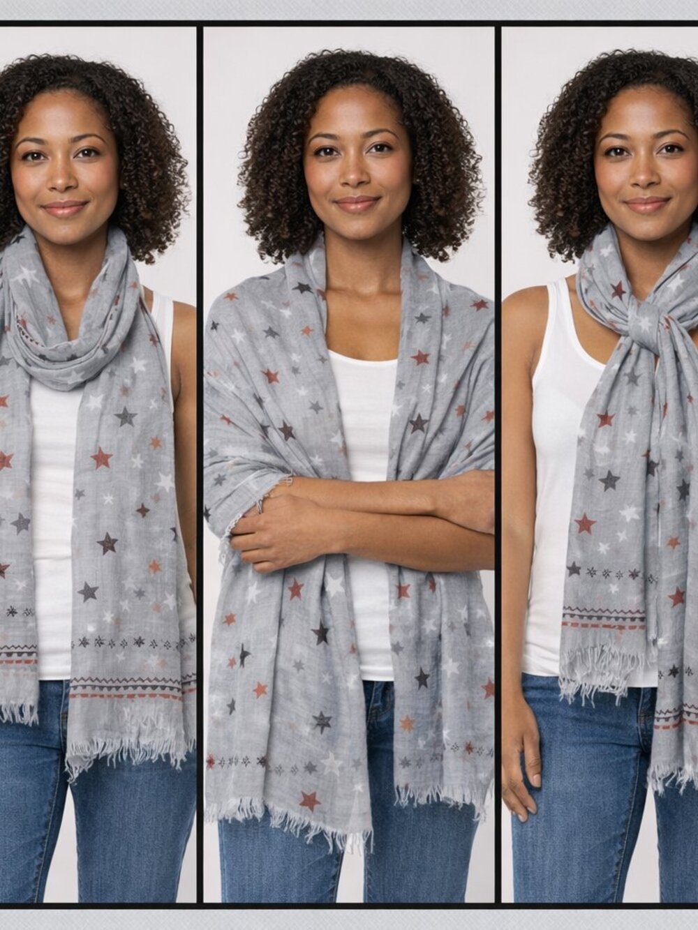Patriotic Western American Long Gray Stars Viscose Frey Hem Scarf 72" X 27"